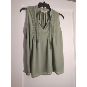 LOFT Women's XL Sage Green‎ Sleeveless Blouse Smocked Tie Neck Boho Top